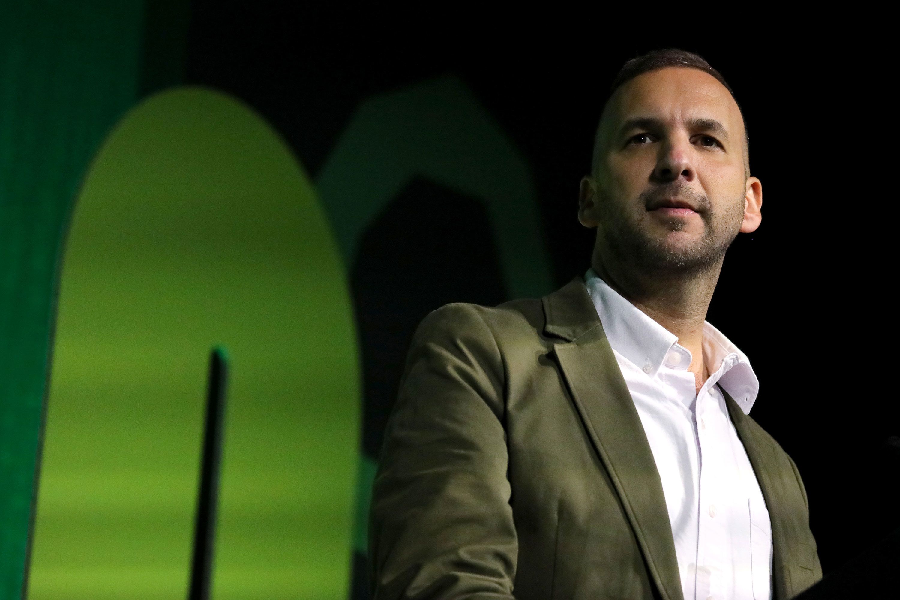 Green Party leader Zack Polanski delivers a speech during the annual Green Party conference in Brighton, England, on October 2, 2026.