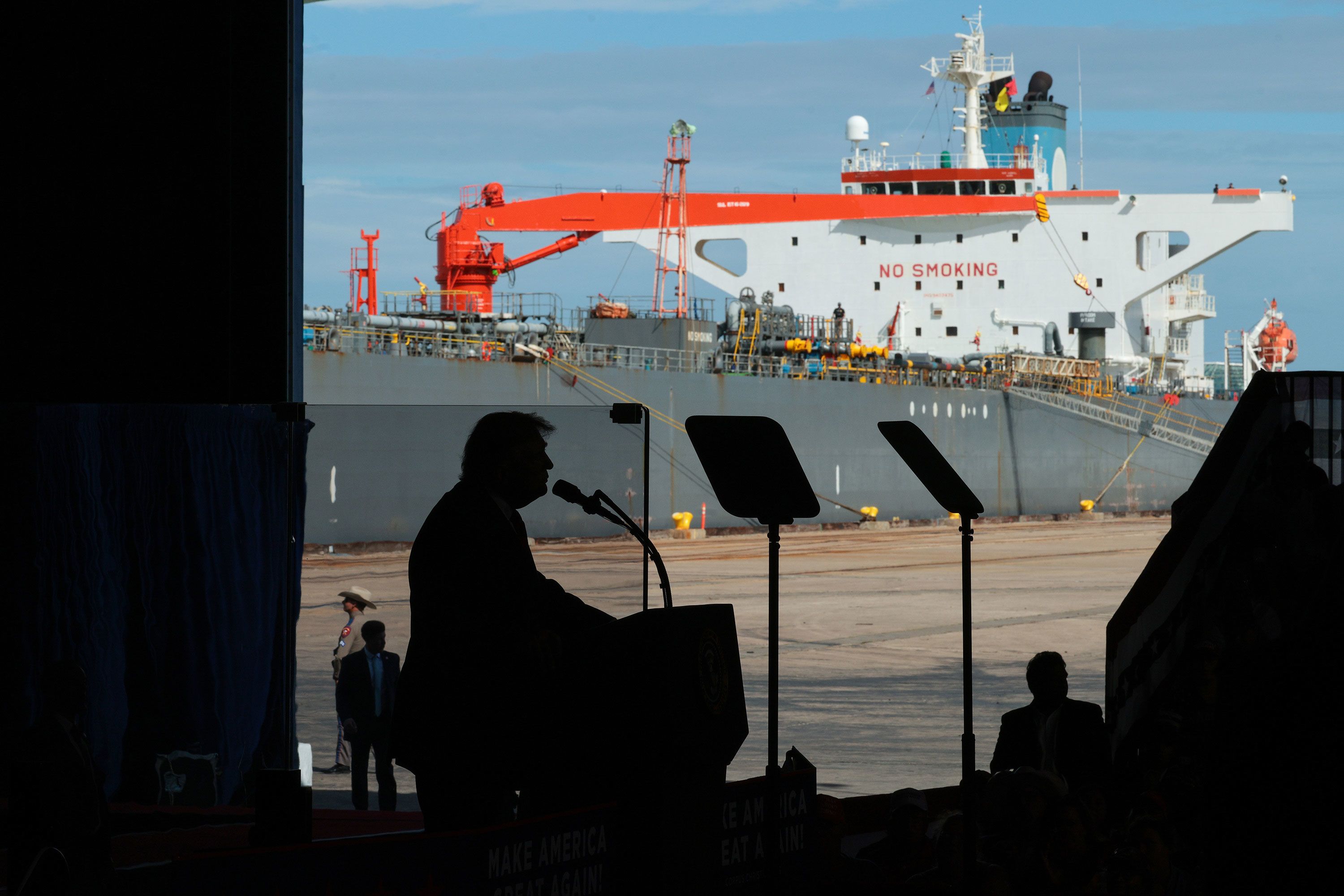 President Donald Trump delivers remarks as an oil tanker carries Venezuelan oil on October 27, 2026, in Corpus Christi, Texas.
