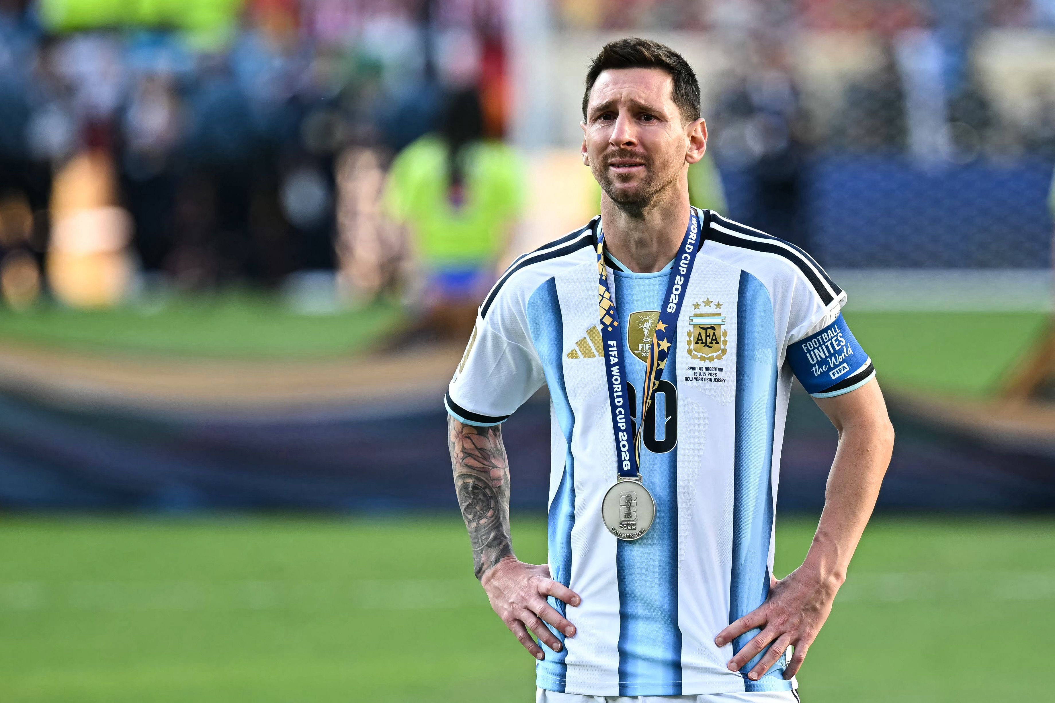 Argentina's forward Lionel Messi cries after Argentina lost the World Cup final to Spain last month.