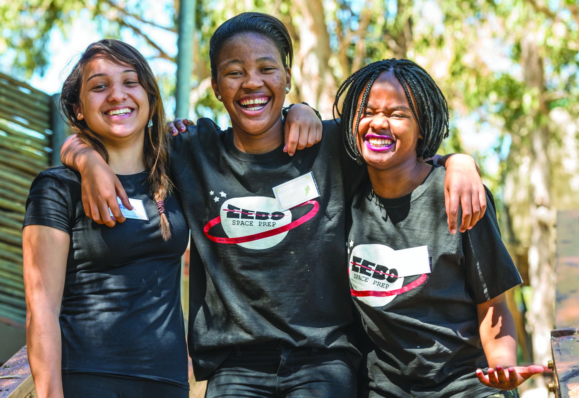 Teen girls in South Africa design the continent's first private space satellite to orbit in 2017.
Pictured: Ayesha, Sesam and Banekazi on a learning boot camp in Worcester, Western Cape Province, South Africa.