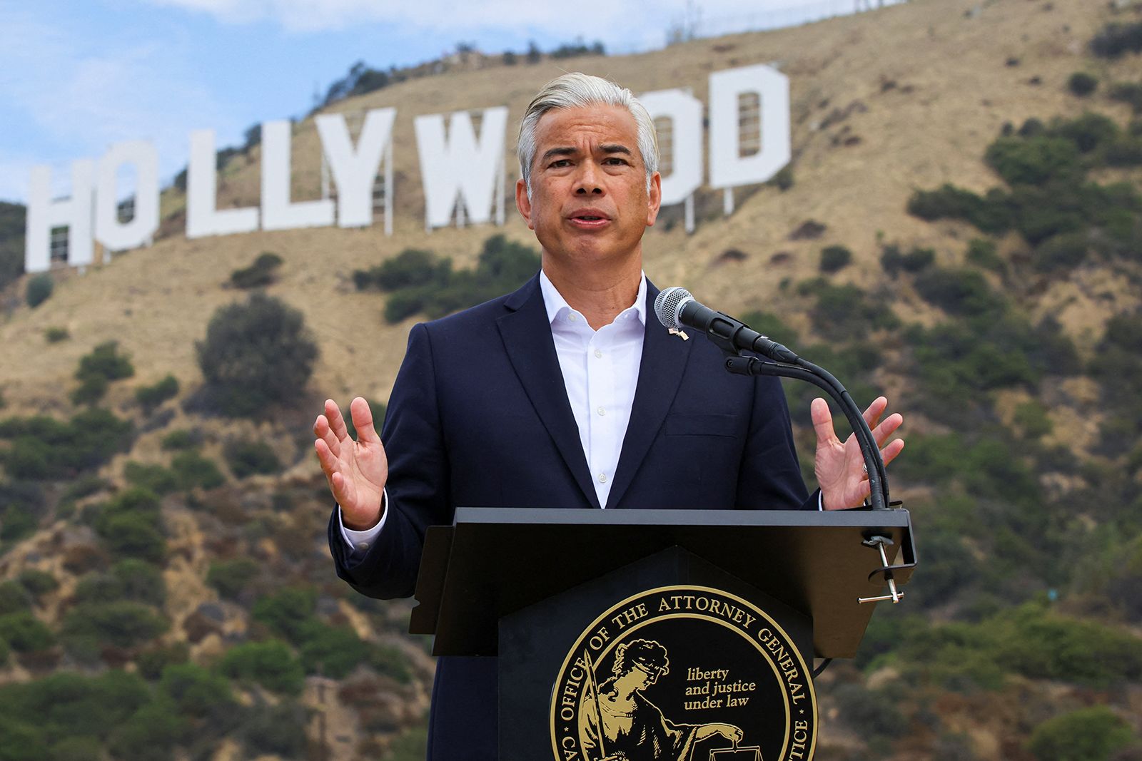 California Attorney General Rob Bonta announcing the state will sue to block Paramount's acquisition of Warner Bros. Discovery in Los Angeles in July 2026.