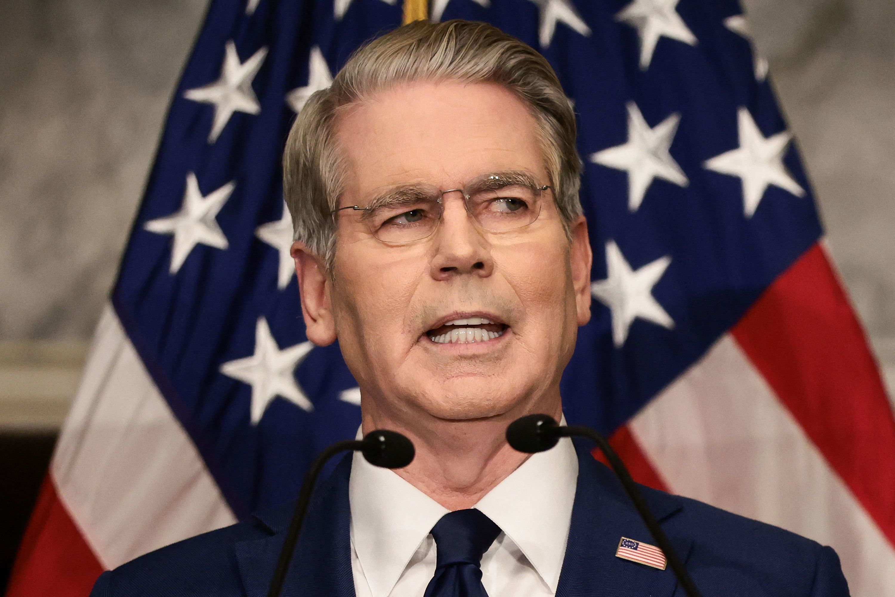 US reasury Secretary Scott Bessent speaks during a press conference to outline further sanctions against Iran, at the Treasury Department in Washington, DC, on Monday, August 24.