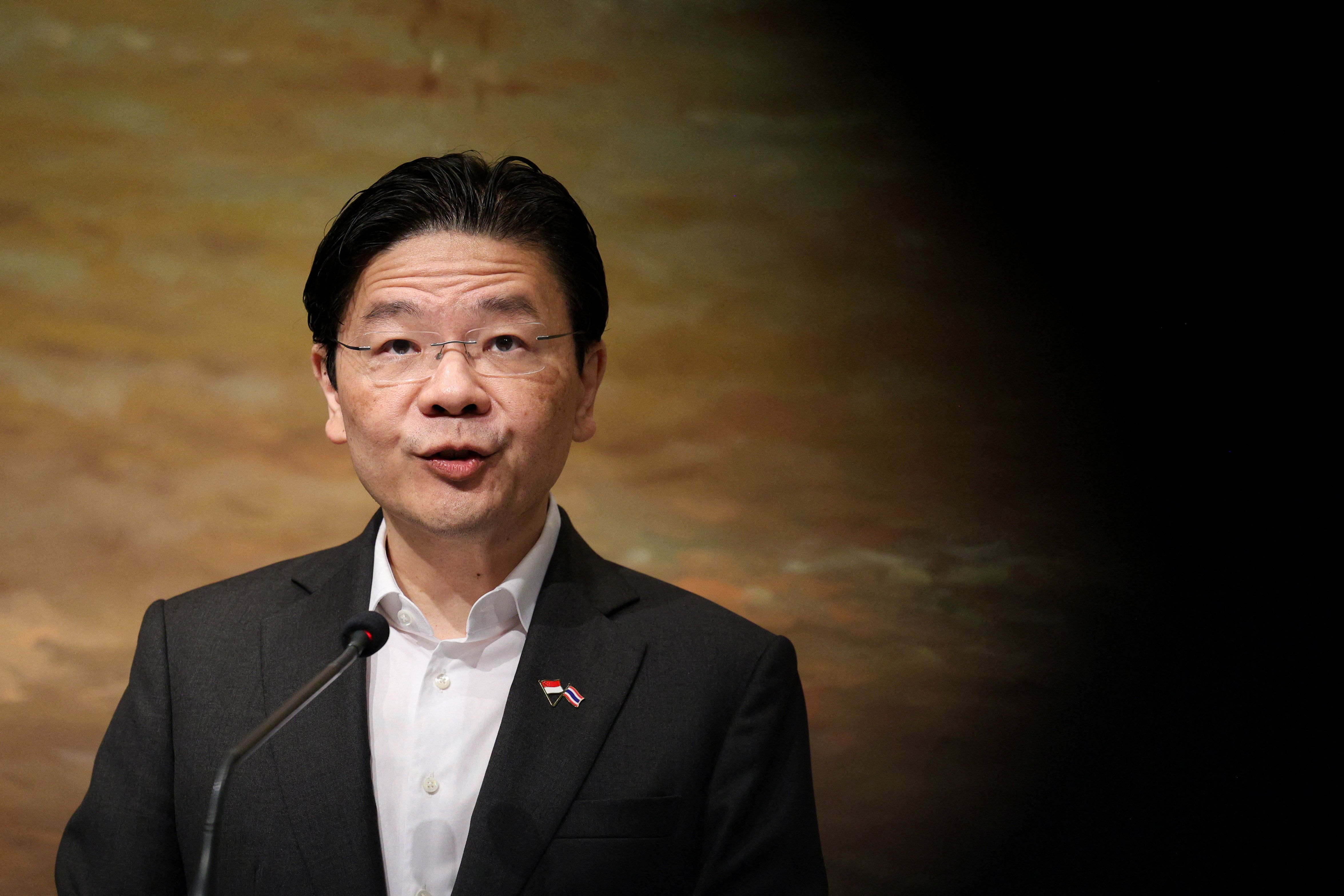 Singapore's Prime Minister Lawrence Wong attends a press conference with Thailand's Prime Minister Anutin Charnvirakul (not pictured) during his official visit to Bangkok, Thailand, on September 2, 2026.