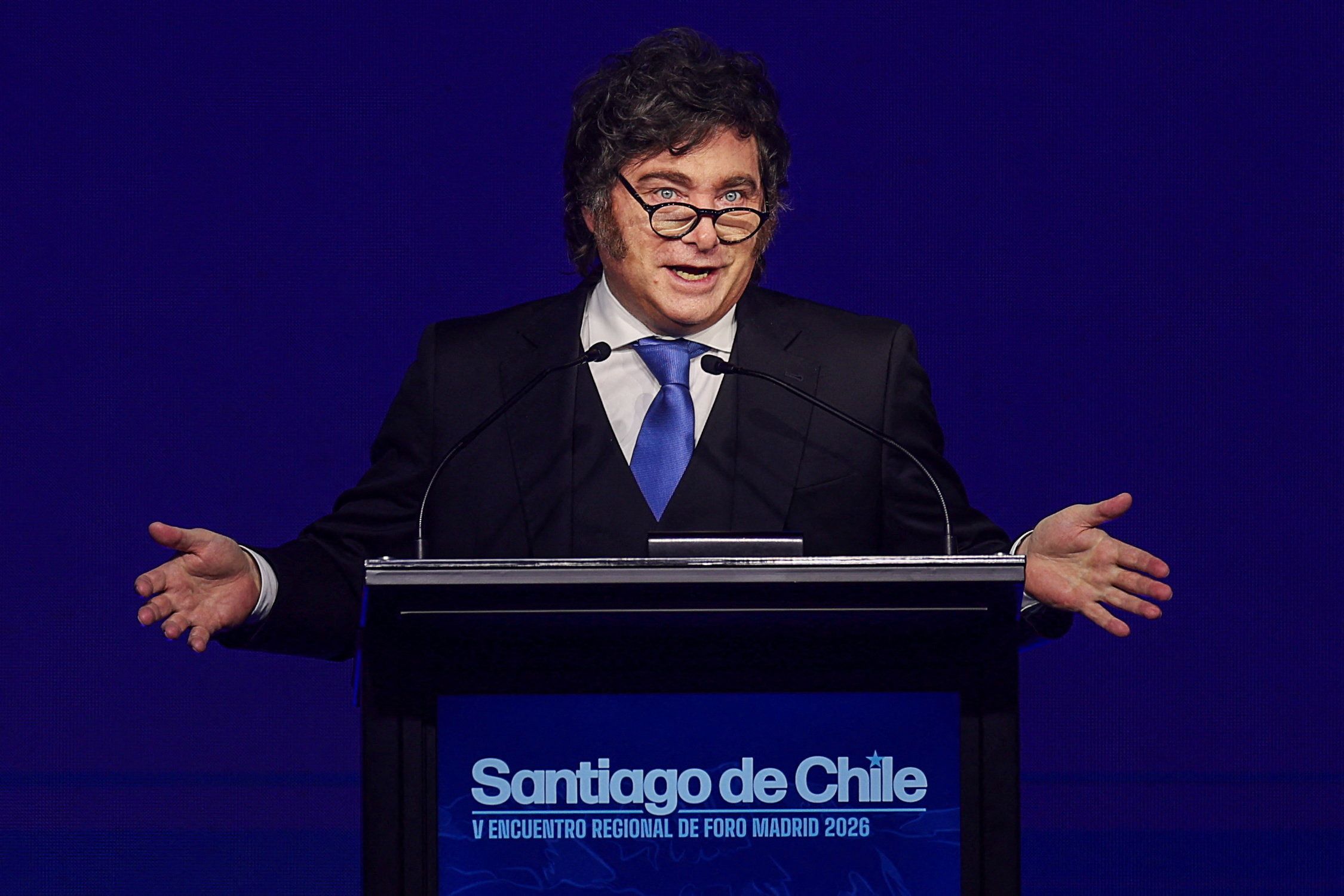 Argentina's President Javier Milei delivers a speech at the opening ceremony of the 5th Regional Meeting of the Madrid Forum, in Santiago, Chile, September 3, 2026. REUTERS/Pablo Sanhueza