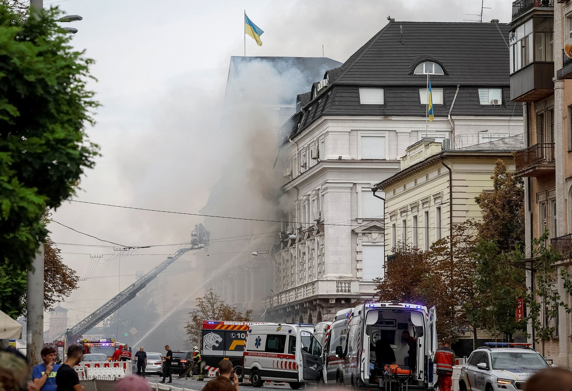 Firefighters work at a site of a building of the headquarters of Ukraine's SBU security service after a Russian drone strike, amid Russia's attack on Ukraine, in Kyiv, Ukraine September 4, 2026. REUTERS/Gleb Garanich
