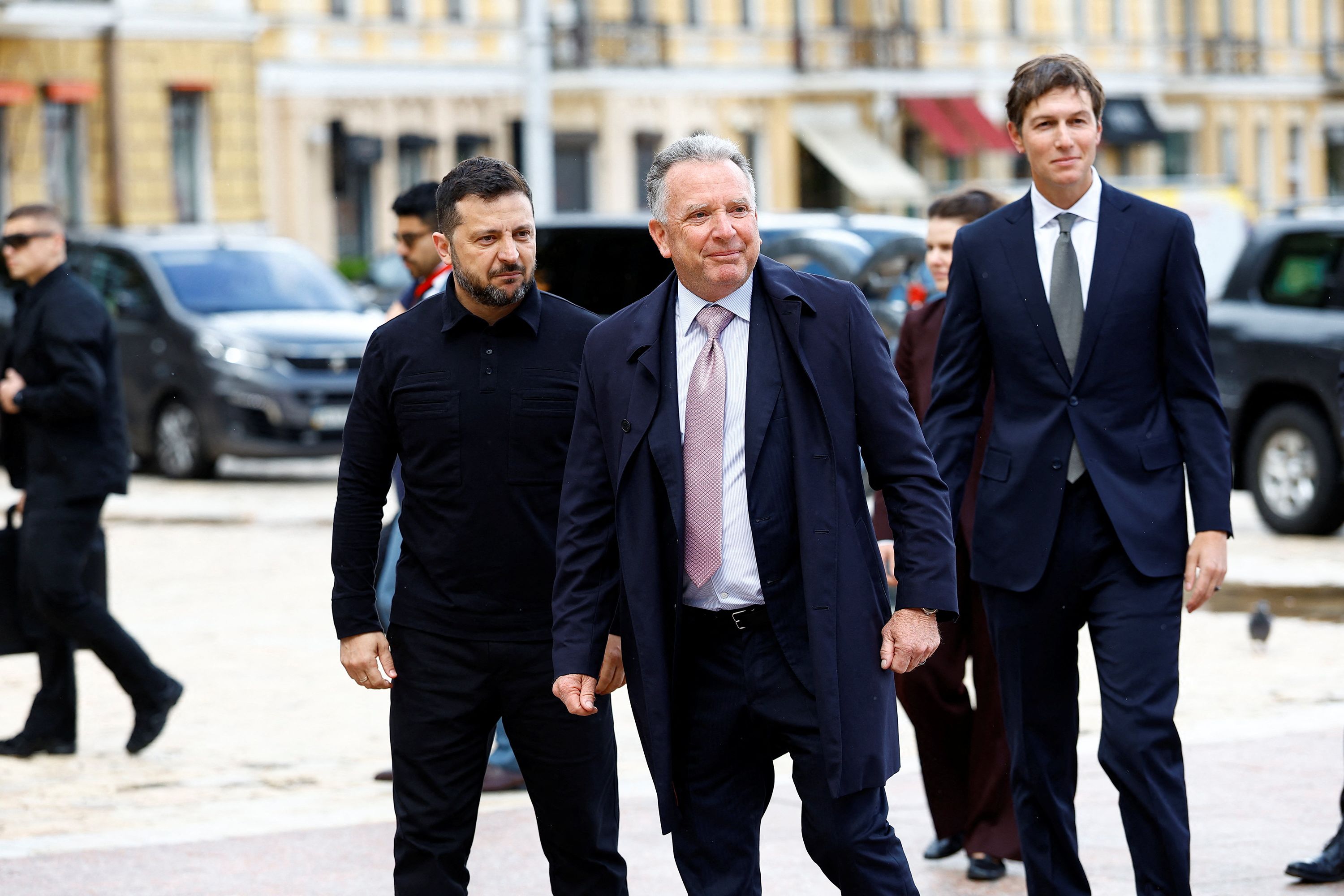 Ukraine's President Volodymyr Zelenskiy welcomes US President Donald Trump's son-in-law Jared Kushner and US Special Envoy Steve Witkoff in Kyiv on Sunday.