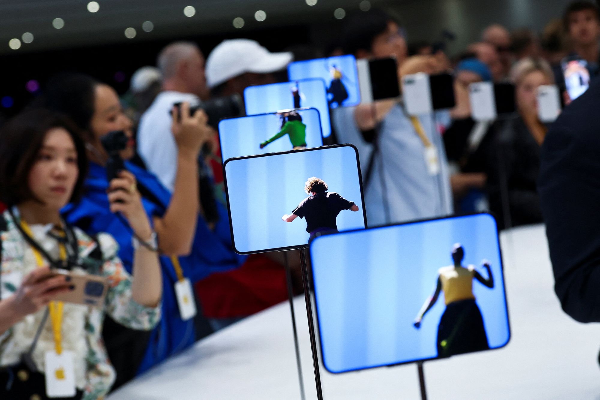 New foldable iPhone Duo devices are on display during Apple's event in Cupertino, California, on September 9.