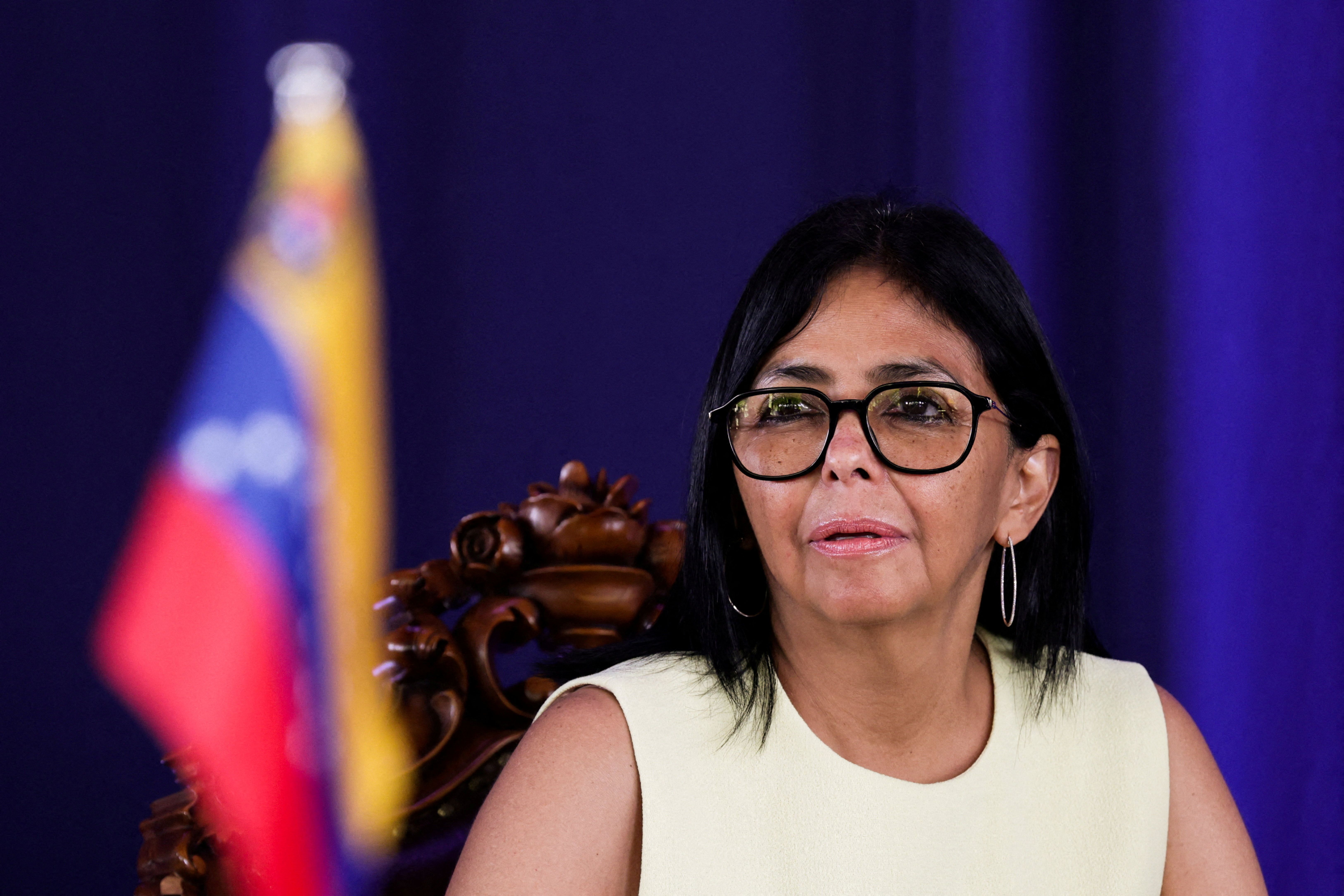 Venezuela's acting President Delcy Rodriguez attends the signing of cooperation agreements in education, hydrocarbons, tourism, agriculture and political affairs with Suriname's President Jennifer Geerlings-Simons (not pictured) at the Presidential Palace in Paramaribo, Suriname, on September 11, 2026.