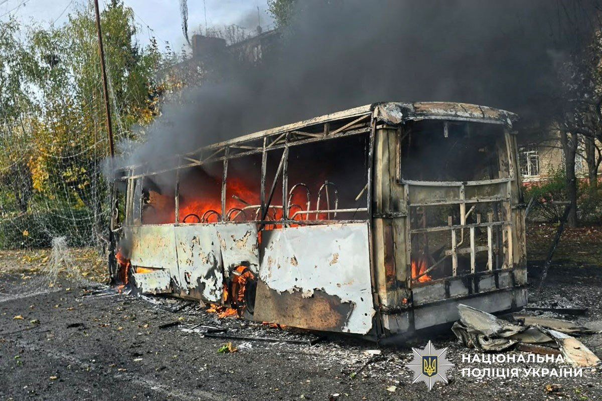 A bus burns following a Russian airstrike in the city of Kramatorsk, in Ukraine's Donetsk region, on Thursday.