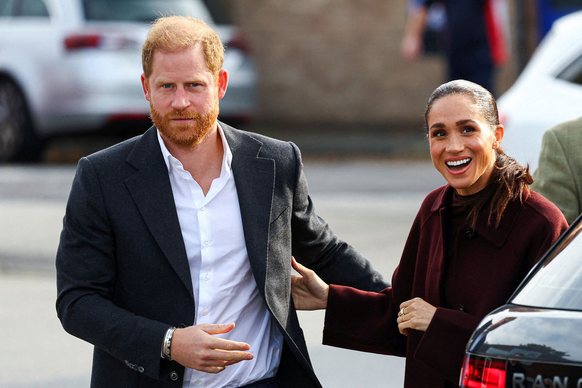 The Duke and Duchess of Sussex arrive for a visit to the Community Recording Studio, in Nottingham, Britain, on Thursday.