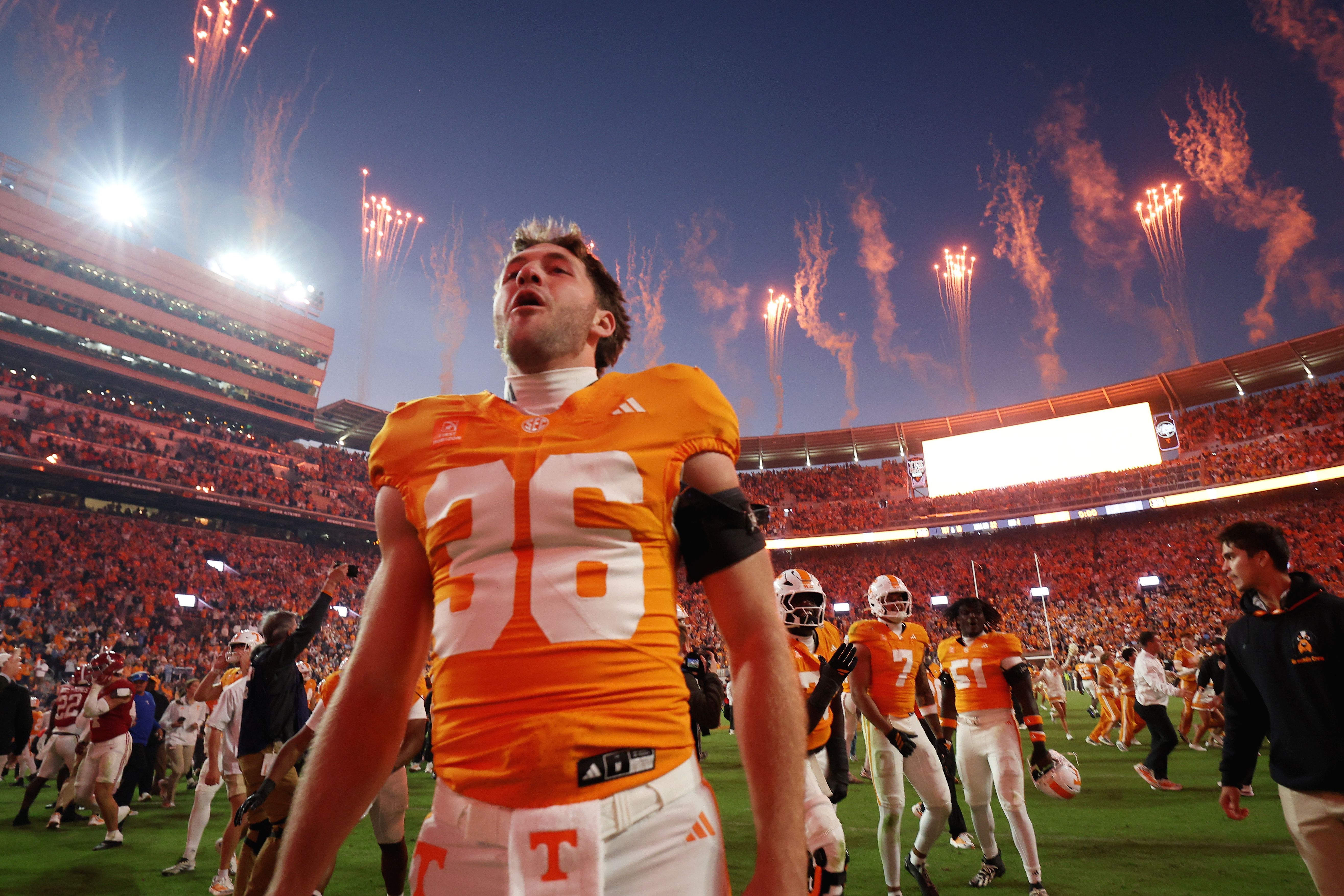 Tennessee Volunteers defensive line Carter Gooden celebrates after defeating Alabama on Saturday.