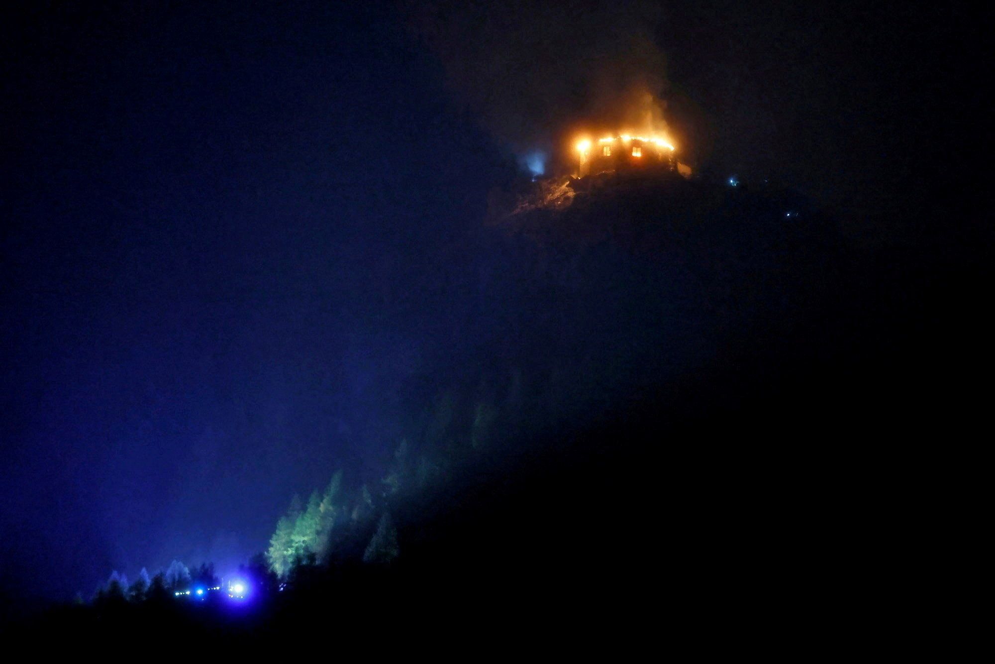 Smoke and fire rise following a fire incident at the Kehlsteinhaus, the Eagle's Nest, in Berchtesgaden, Bavaria, Germany, on October 24, 2026.