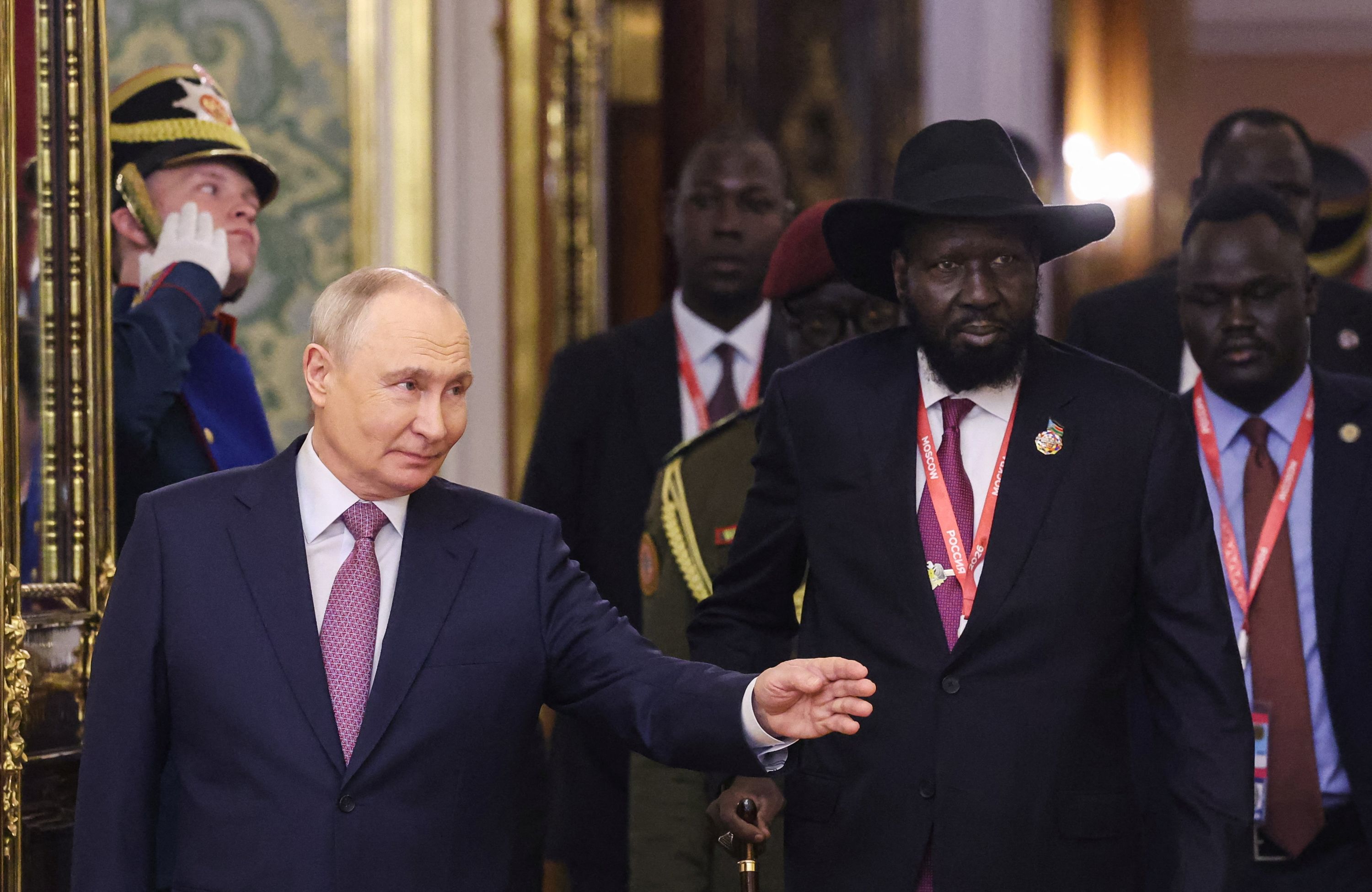 Russian President Vladimir Putin and South Sudanese President Salva Kiir arrive for their meeting on the sidelines of the third Russia-Africa Summit in Moscow, Russia, on October 30, 2026.