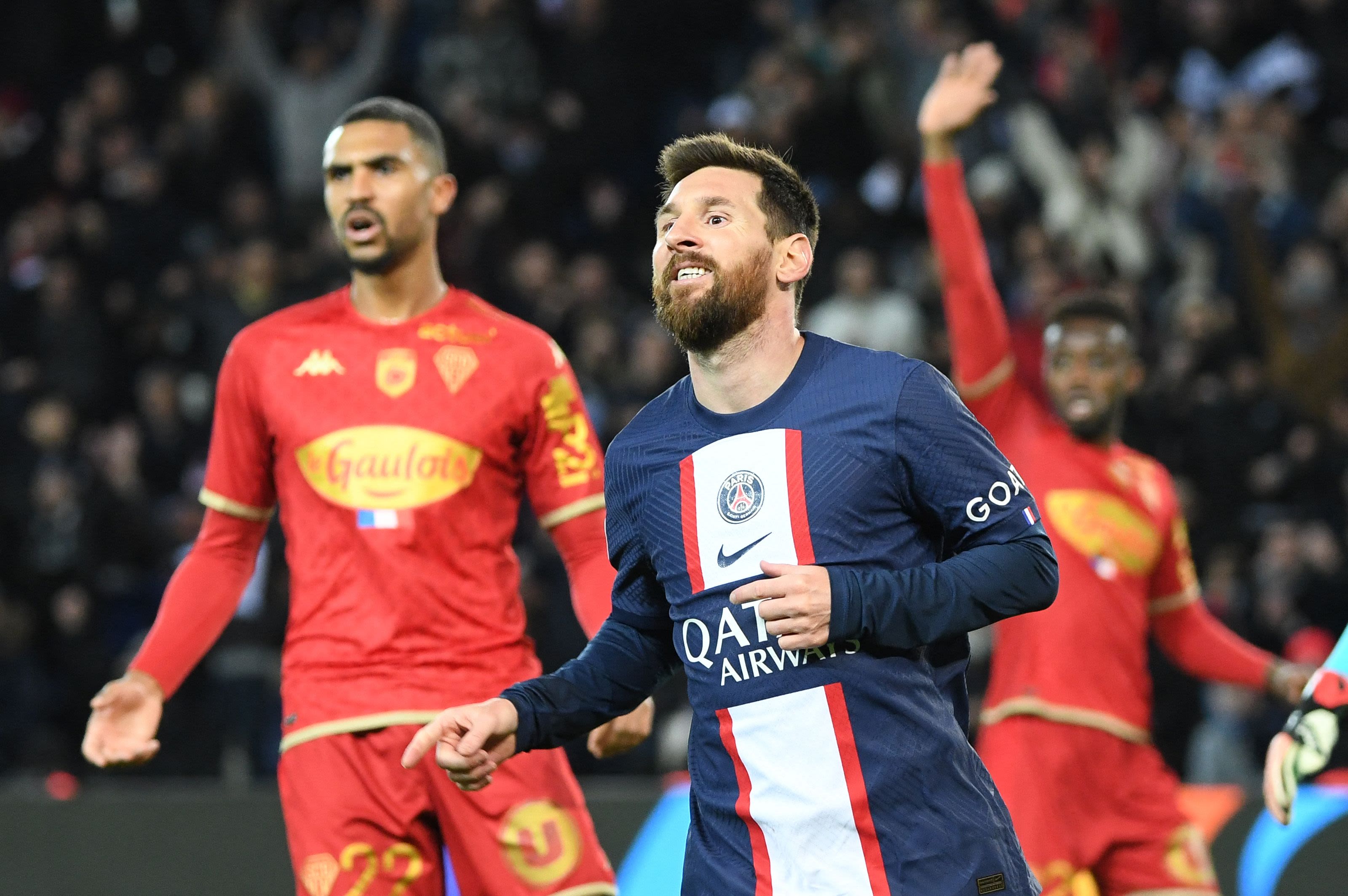 Paris Saint-Germain's Argentine forward Lionel Messi celebrates scoring his team's second goal during the French L1 football match between Paris Saint-Germain (PSG) and SCO Angers at The Parc des Princes Stadium in Paris on January 11, 2023. (Photo by Bertrand GUAY / AFP) (Photo by BERTRAND GUAY/AFP via Getty Images)