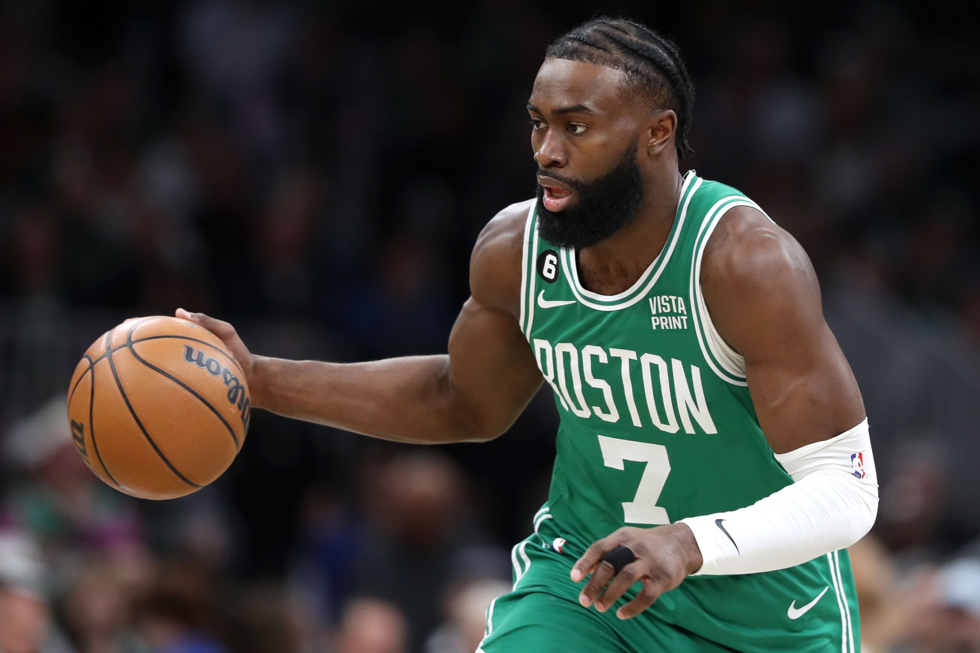 BOSTON, MASSACHUSETTS - JANUARY 11: Jaylen Brown #7 of the Boston Celtics dribbles against the New Orleans Pelicans during the first half at TD Garden on January 11, 2023 in Boston, Massachusetts. NOTE TO USER: User expressly acknowledges and agrees that, by downloading and or using this photograph, User is consenting to the terms and conditions of the Getty Images License Agreement. (Photo by Maddie Meyer/Getty Images)