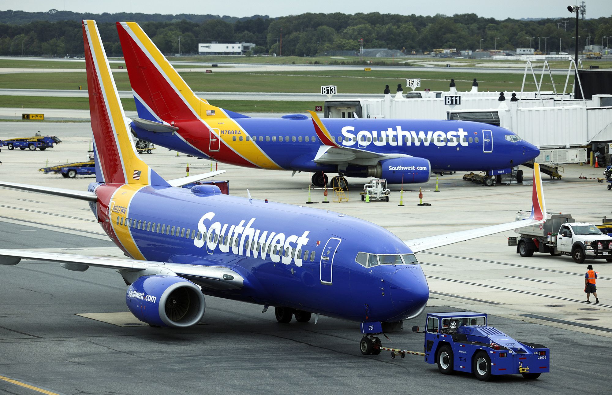 BALTIMORE, MARYLAND - OCTOBER 11: A Southwest Airlines airplane taxies from a gate at Baltimore Washington International Thurgood Marshall Airport on October 11, 2021 in Baltimore, Maryland. Southwest Airlines is working to catch up on a backlog after canceling hundreds of flights over the weekend, blaming air traffic control issues and weather. (Photo by Kevin Dietsch/Getty Images)