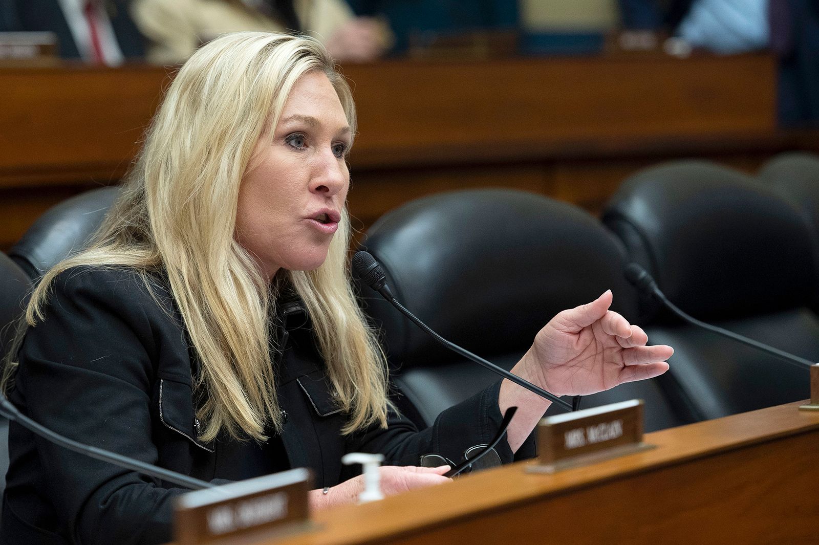 Rep. Marjorie Taylor Greene, R-Georgia, questions witnesses during the House Oversight and Accountability Committee's hearing about Congressional oversight of Washington, D.C., on Capitol Hill, Wednesday, March 29, 2023.