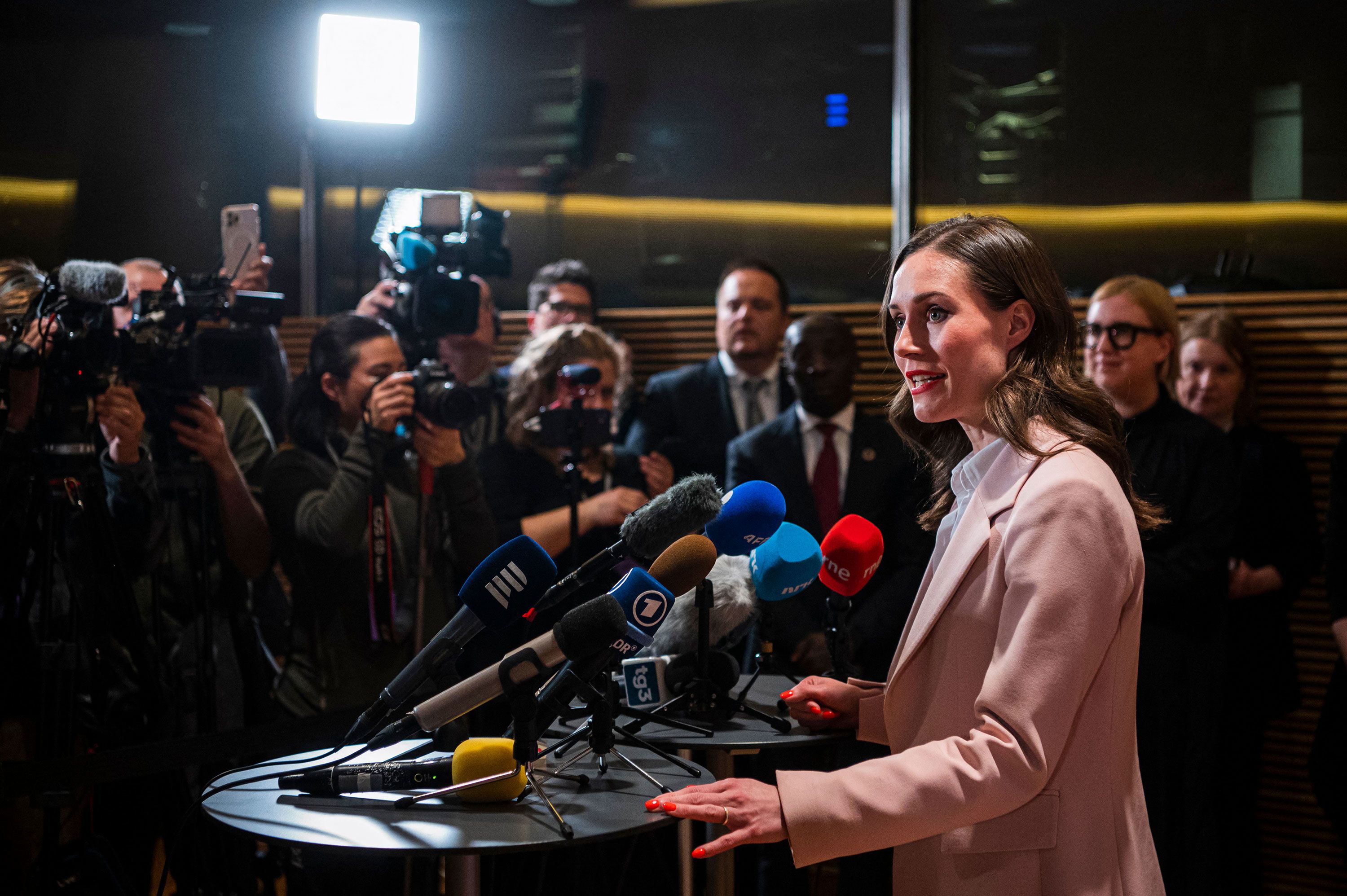 Social Democratic Party chair and Finnish Prime Minister Sanna Marin speaks to members of the international media following the Finnish parliamentary elections.