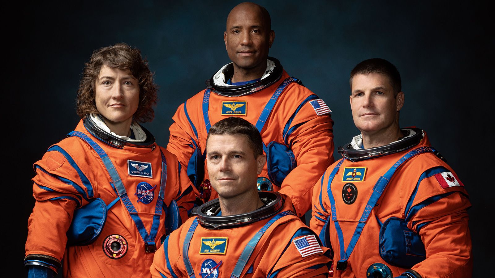 PHOTO DATE: March 29, 2023. LOCATION: Bldg. 8, Room 183 - Photo Studio. SUBJECT: Official crew portrait for Artemis II, from left: NASA Astronauts Christina Koch, Victor Glover, Reid Wiseman, Canadian Space Agency Astronaut Jeremy Hansen. PHOTOGRAPHER: Josh Valcarcel