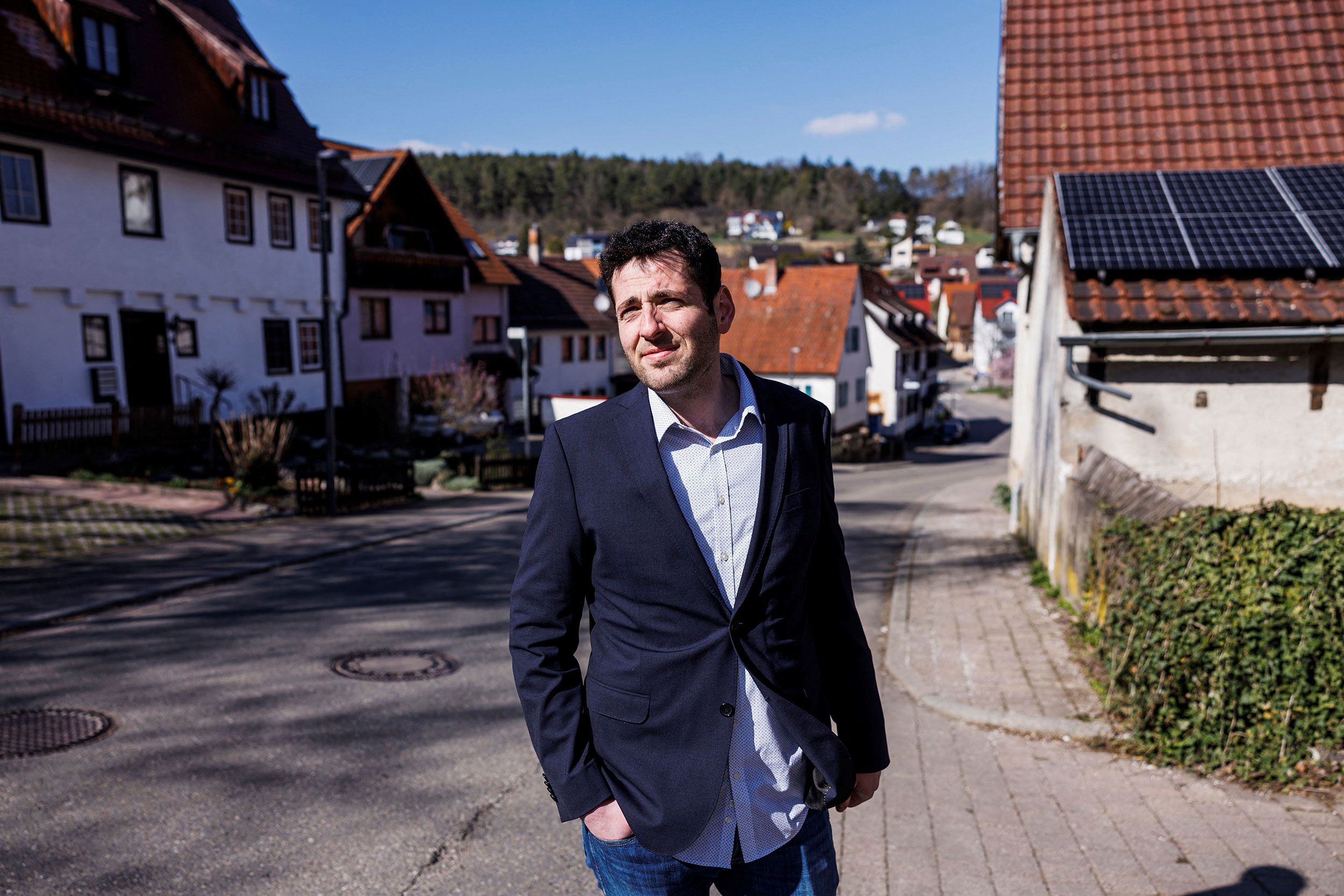 Syrian born Ryyan Alshebl, Ostelsheim mayor-designate, poses near Stuttgart in Ostelsheim, Germany, April 4, 2023. Alshebl fled from his hometown in Syria to Europe via the Mediterranean Sea in 2015 and came to the northern Black Forest. REUTERS/Lukas Barth
