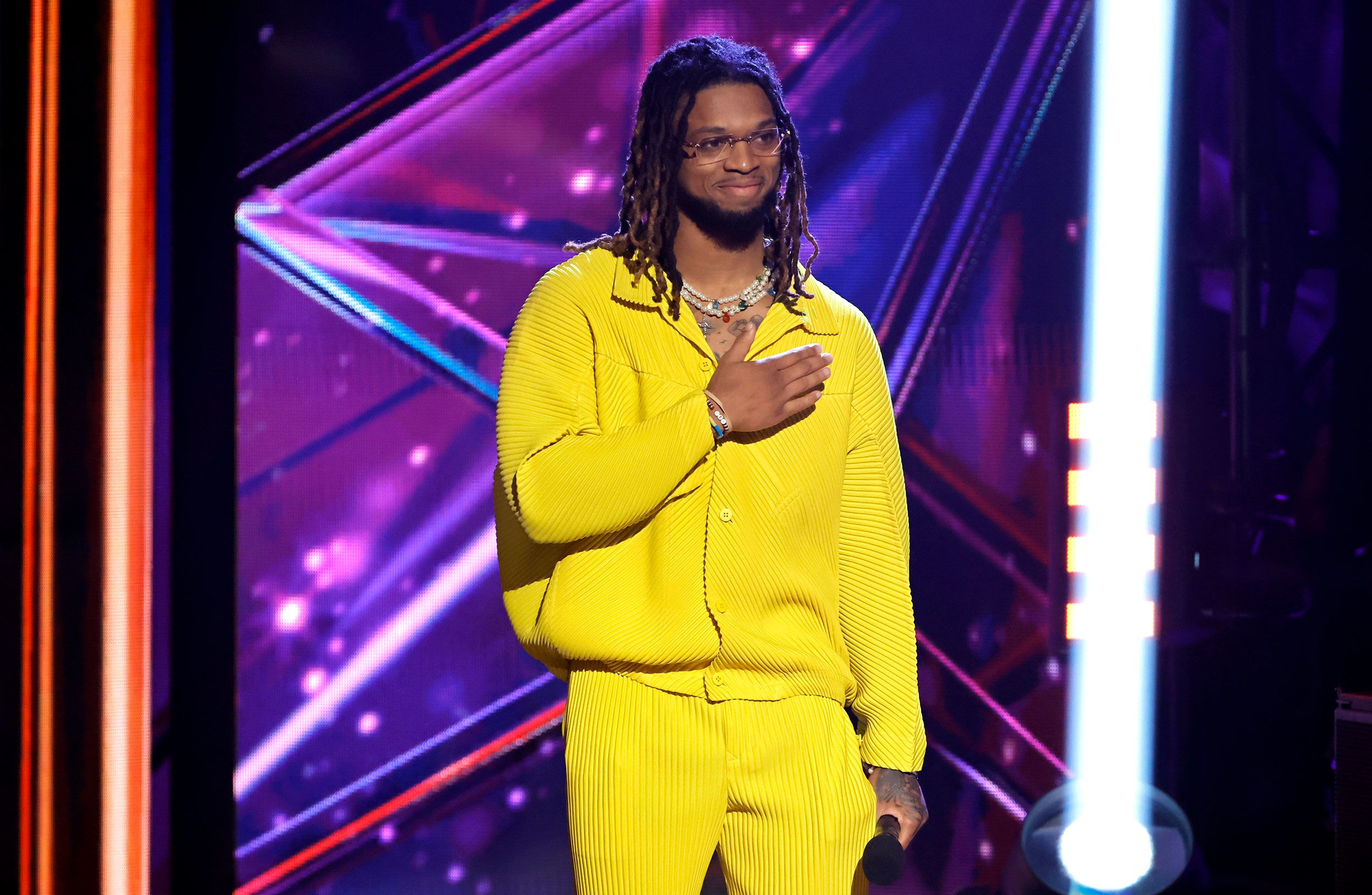LOS ANGELES, CALIFORNIA - MARCH 27: (FOR EDITORIAL USE ONLY) Damar Hamlin speaks onstage during the 2023 iHeartRadio Music Awards at Dolby Theatre in Los Angeles, California on March 27, 2023. Broadcasted live on FOX. (Photo by Kevin Winter/Getty Images for iHeartRadio)